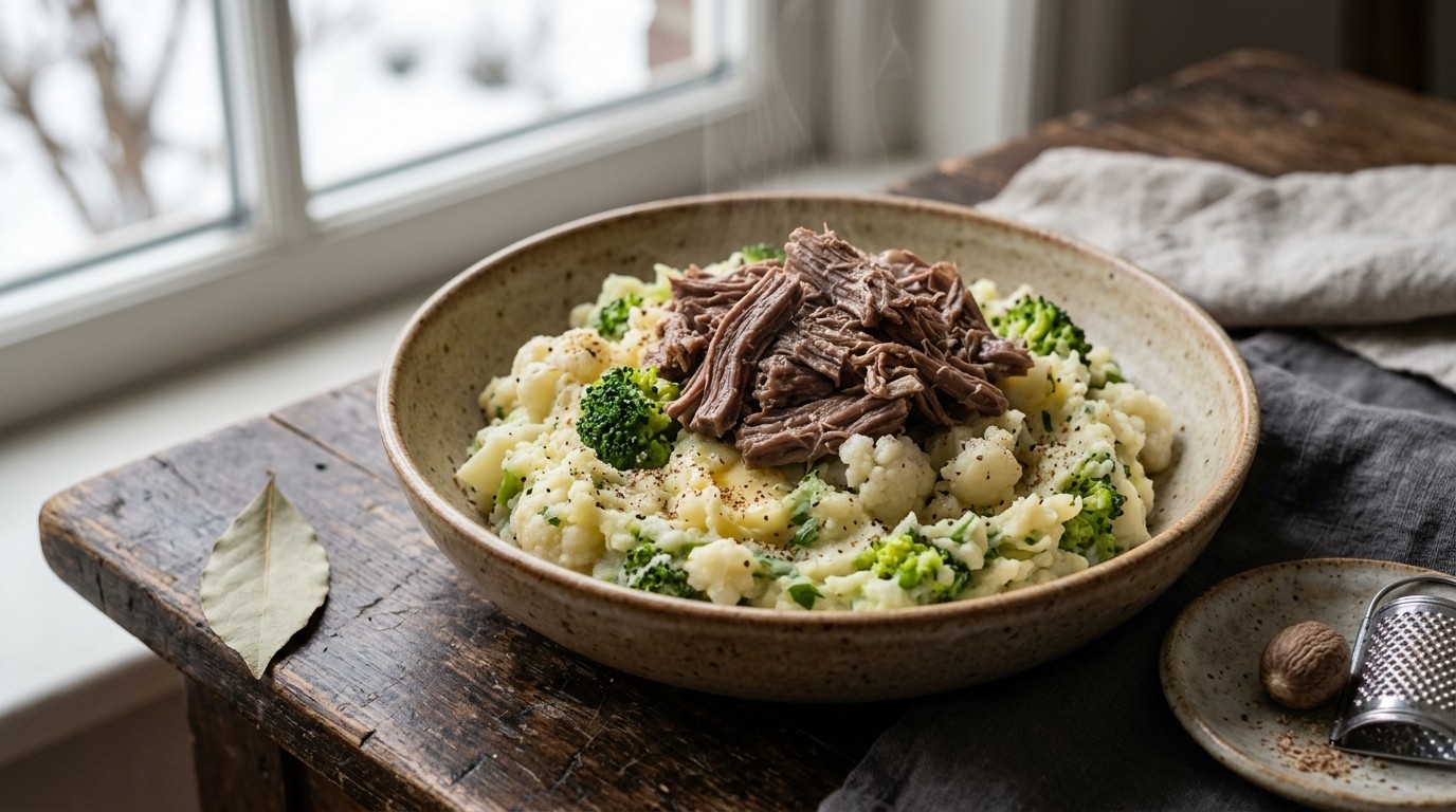 Broccoli-bloemkoolstamppot met Gekookt Soepvlees