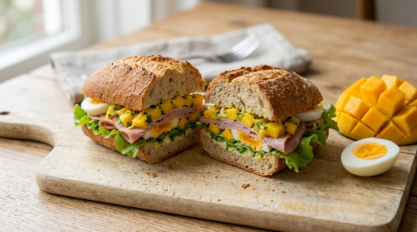 Broodje met Mangosalade, Boerenham en ei