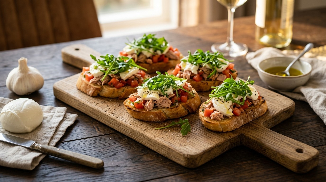 Bruchetta met Tonijn, Tomaten en Rucola