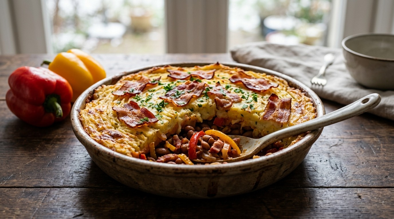 Bruine Bonenschotel met Bacon en Spekjes recept Bruine Bonenschotel met Bacon en Spekjes recept