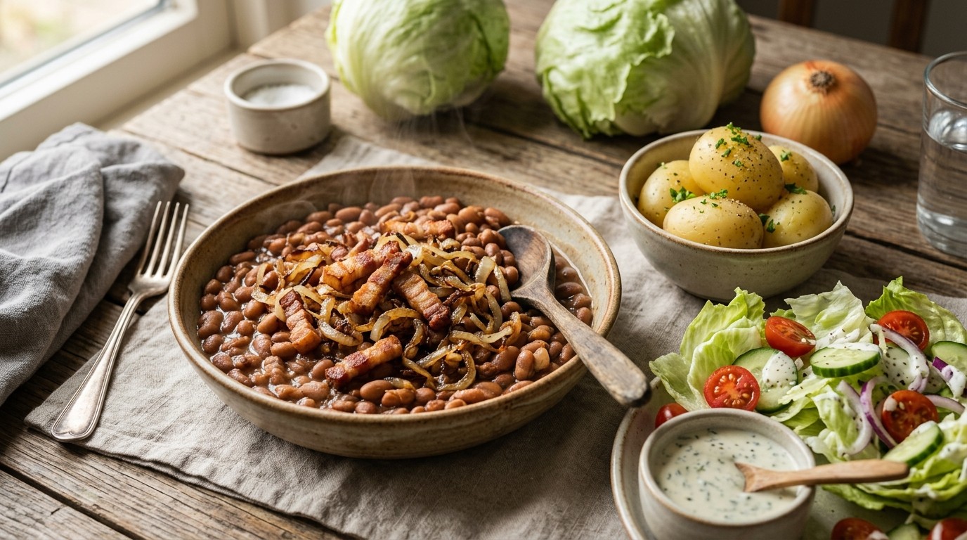 Bruine Bonenschotel met sla en Aardappel