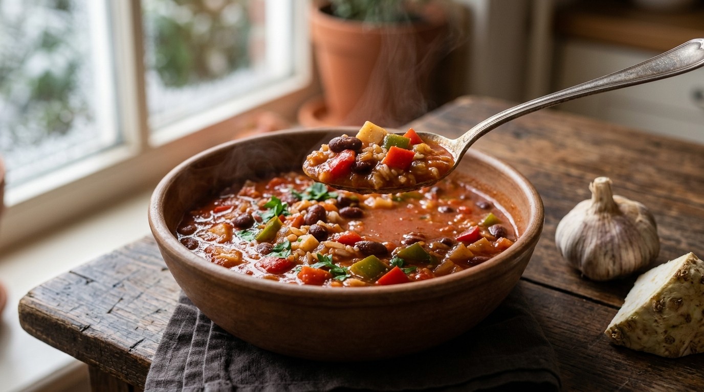 Bruine Bonensoep met Rode en Groene Paprika