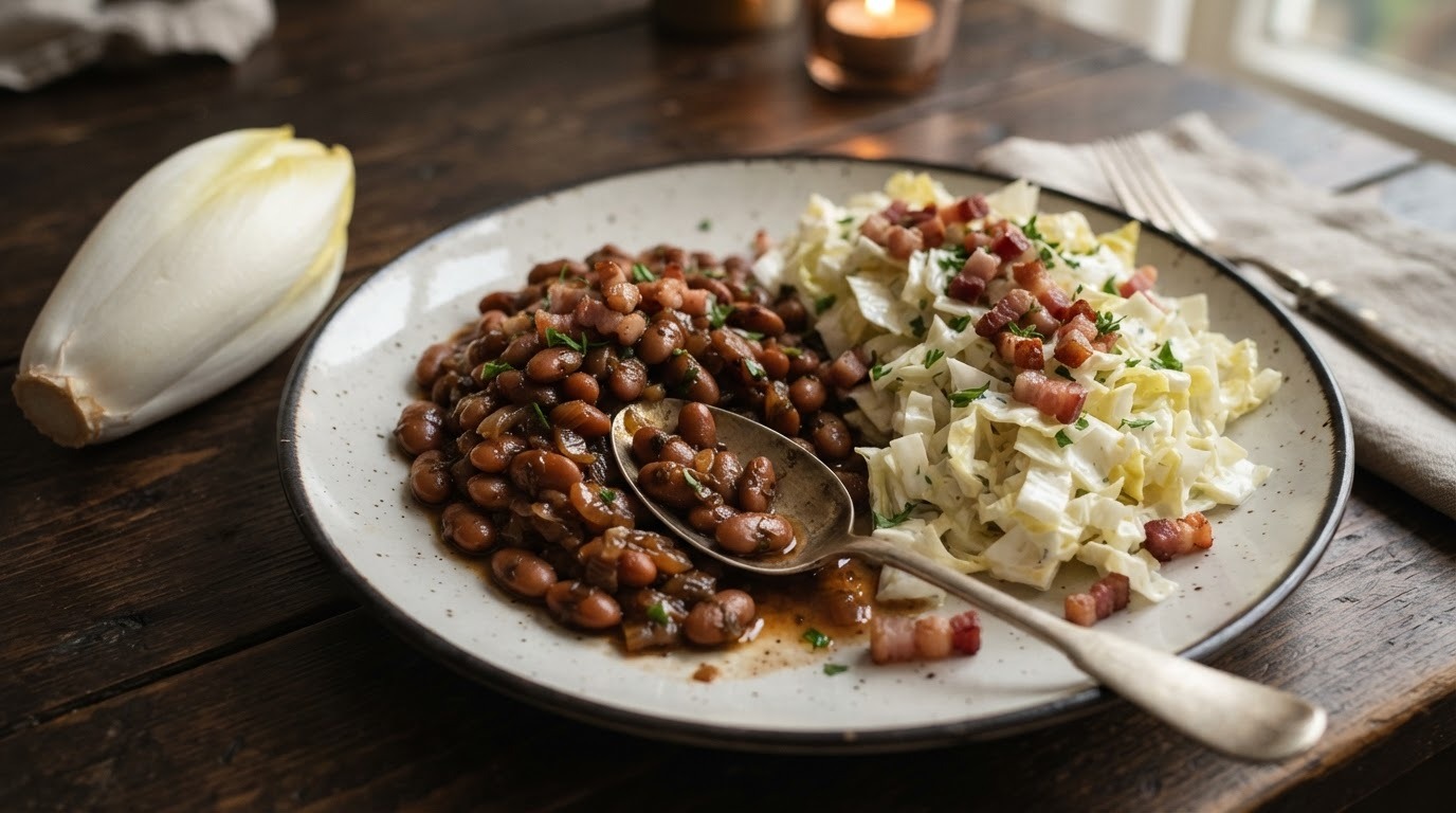 Bruinebonen met Witlofsalade en Spekjes
