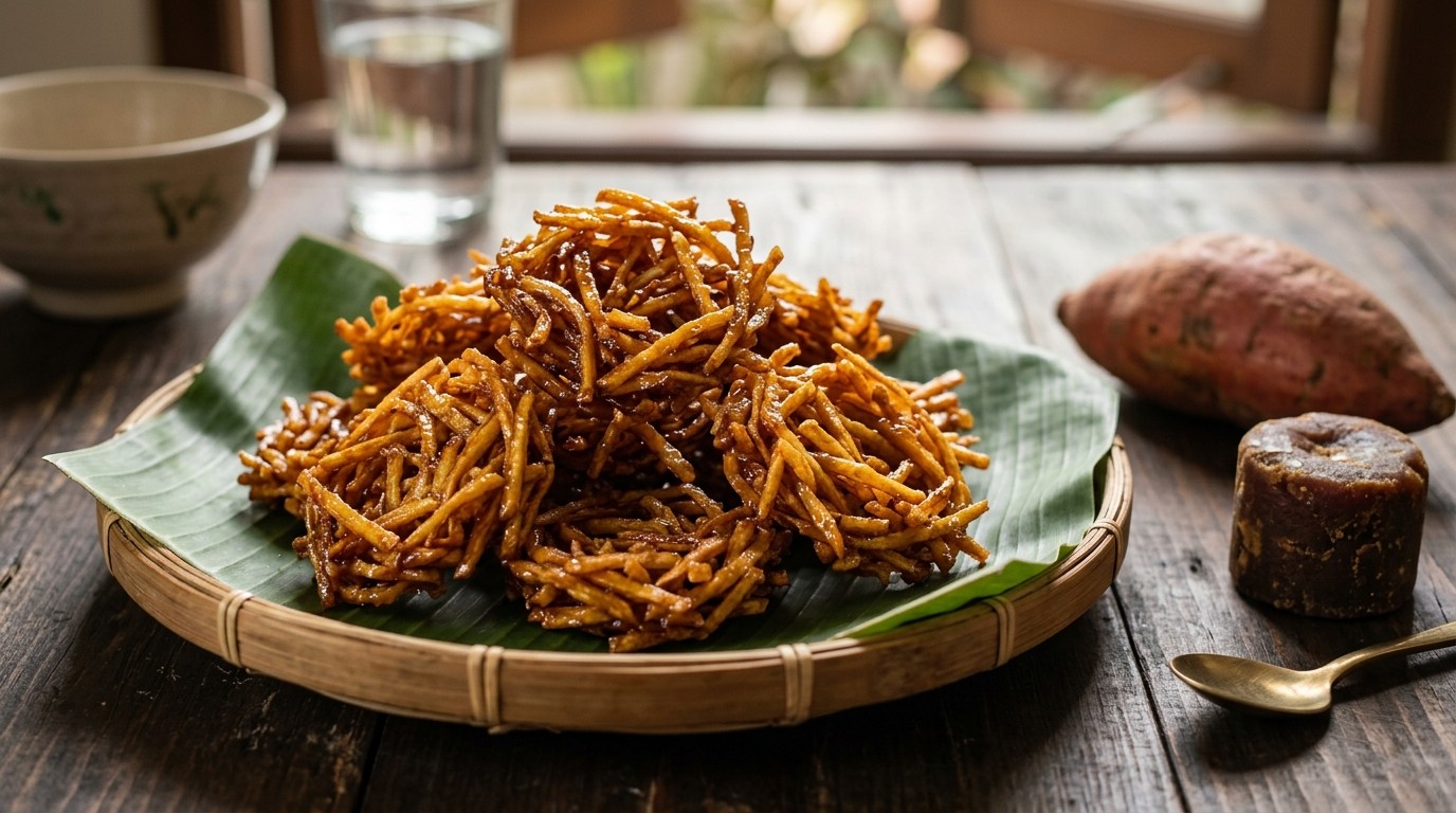 Carang Mas (Gefrituurde Zoete Aardappelen met Palmsuiker)