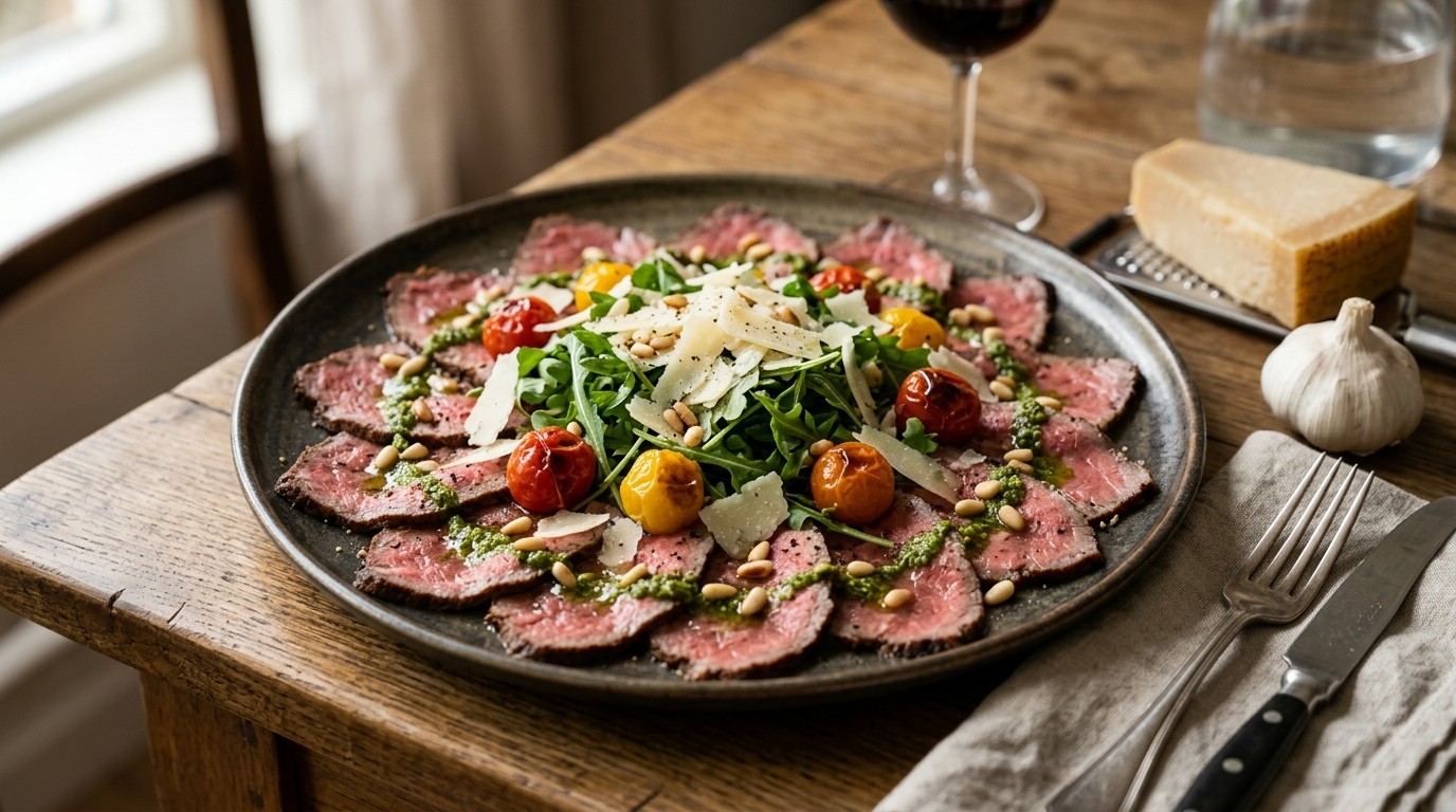 Carpaccio met Rucolasla, Gepofte Cherrytomaatjes en Verse Pestodressing