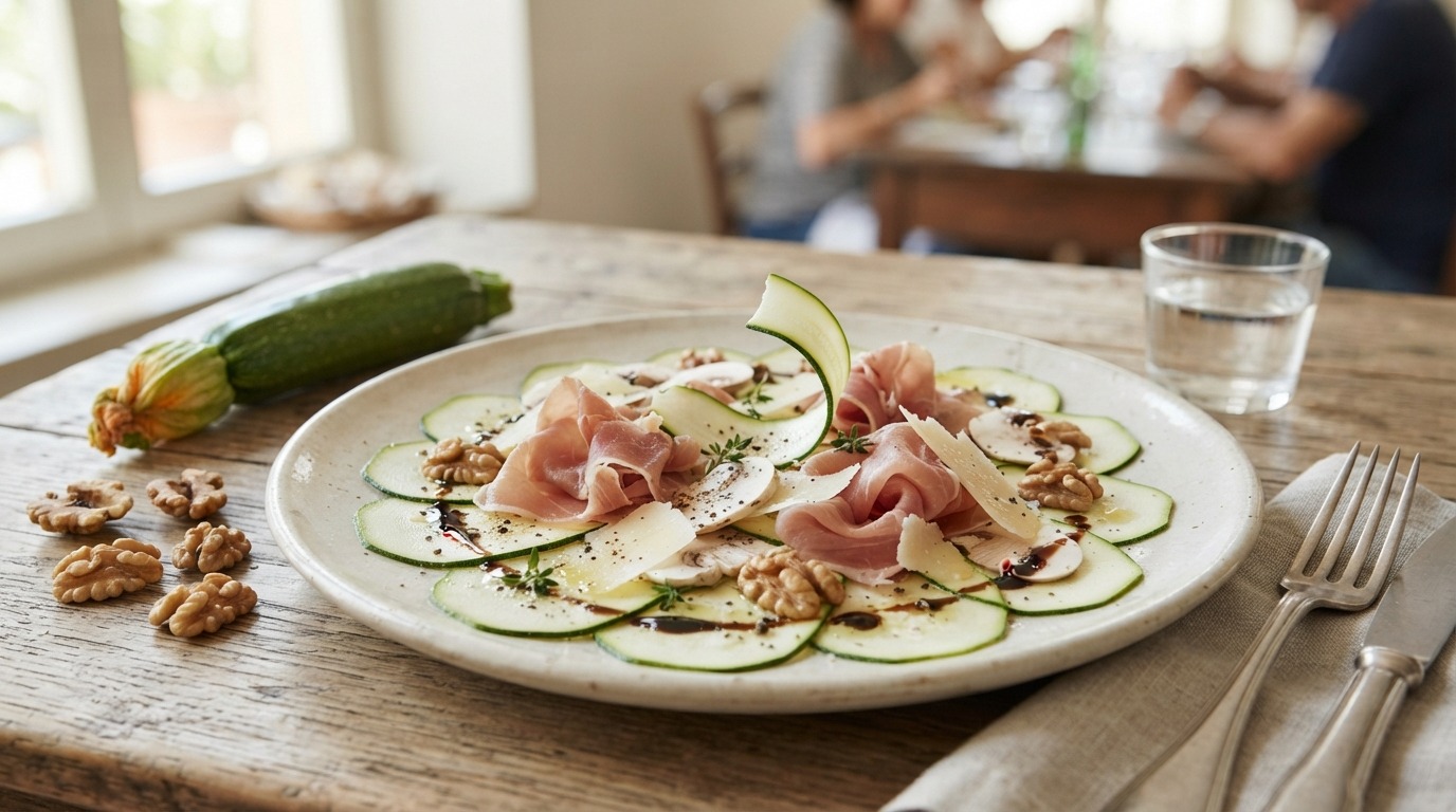 Carpaccio van Courgette met Rauwe ham, Champignons en Walnoten