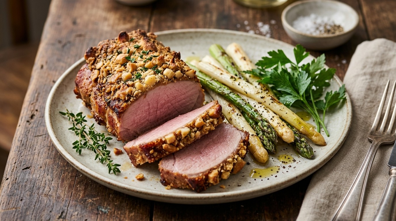 Casselerrib met Macadamiakorst en Asperges recept Casselerrib met Macadamiakorst en Asperges recept