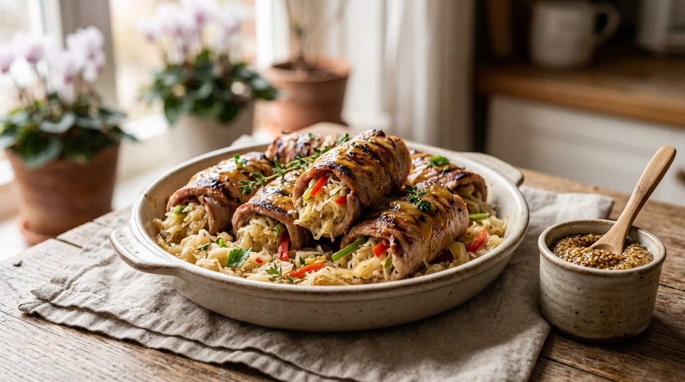 Casselerrib-zuurkoolrolletjes met Mosterdsaus