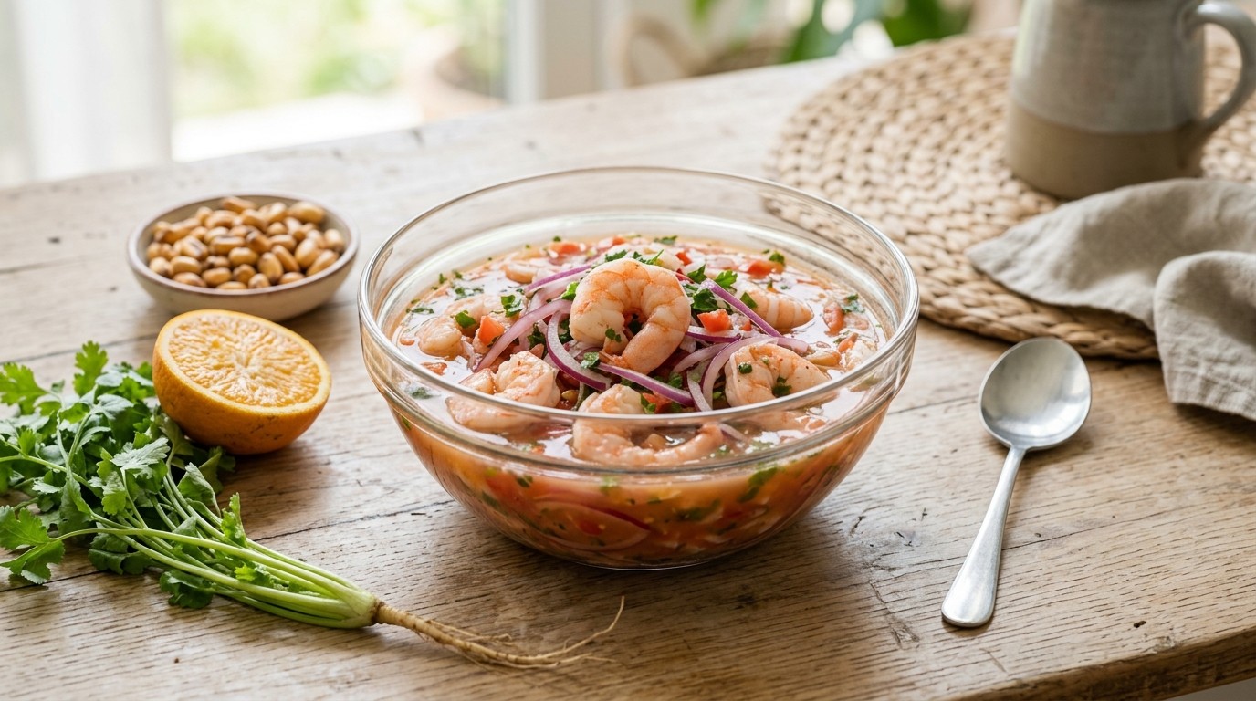 Ceviche de Camaron (ceviche van Scampis)