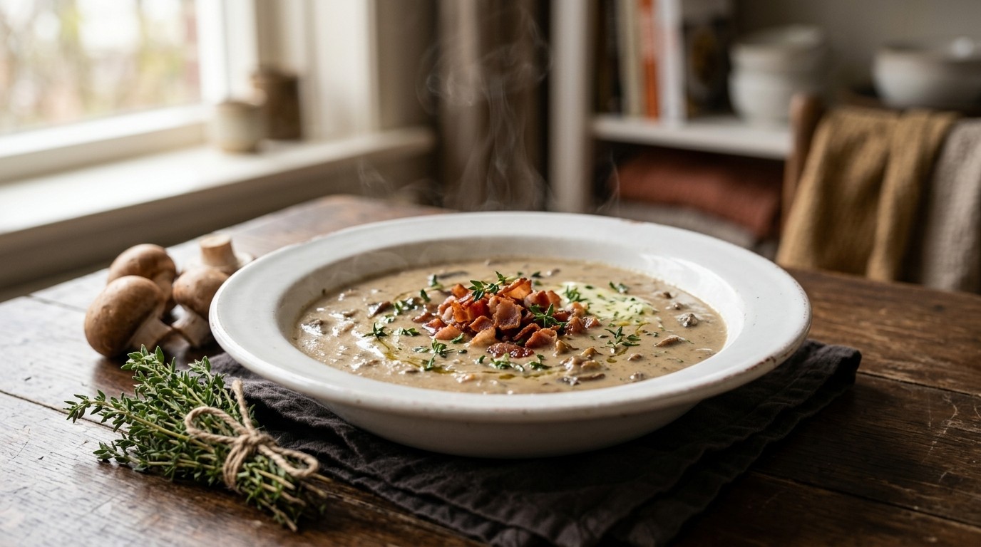 Champignon Crèmesoep met Kruidenkaas, Spekjes en Tijm