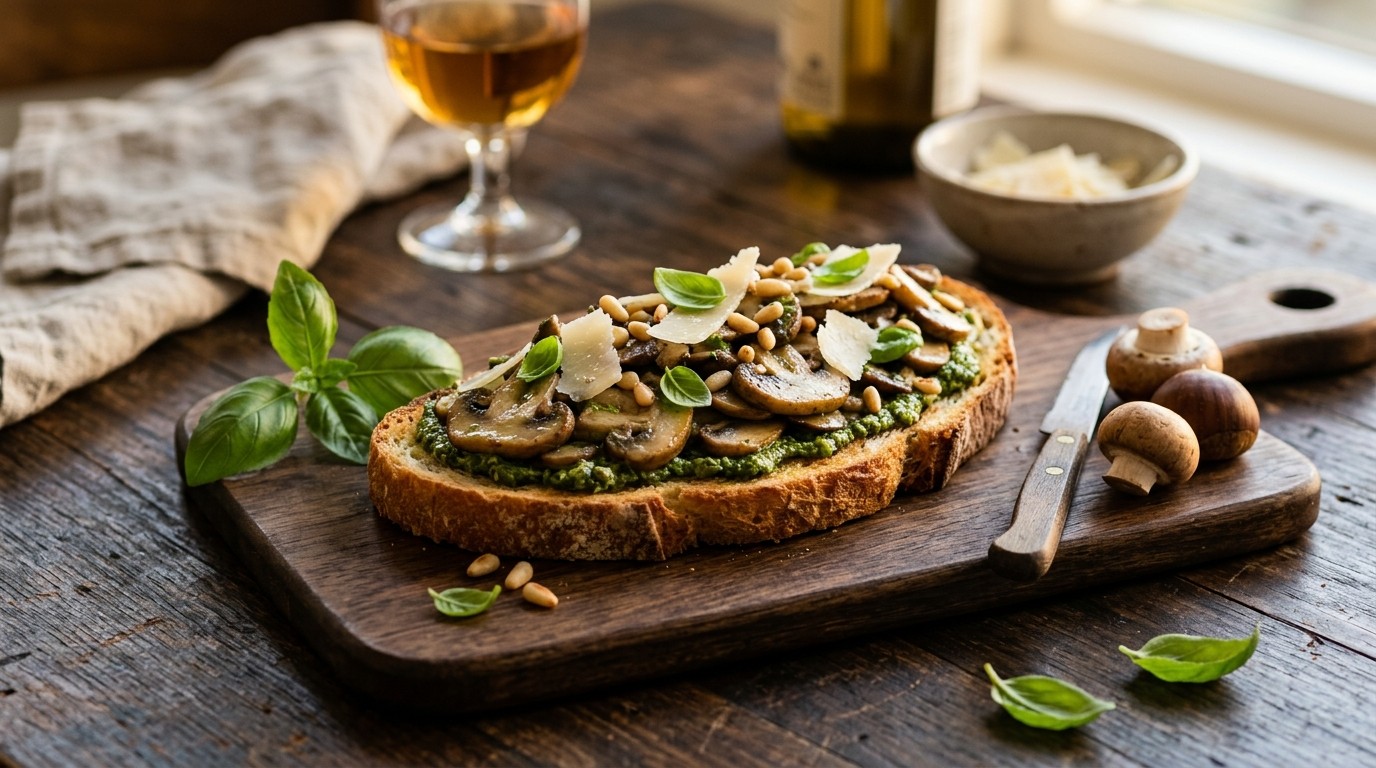 Champignons in Basilicumpesto op Zuurdesembrood