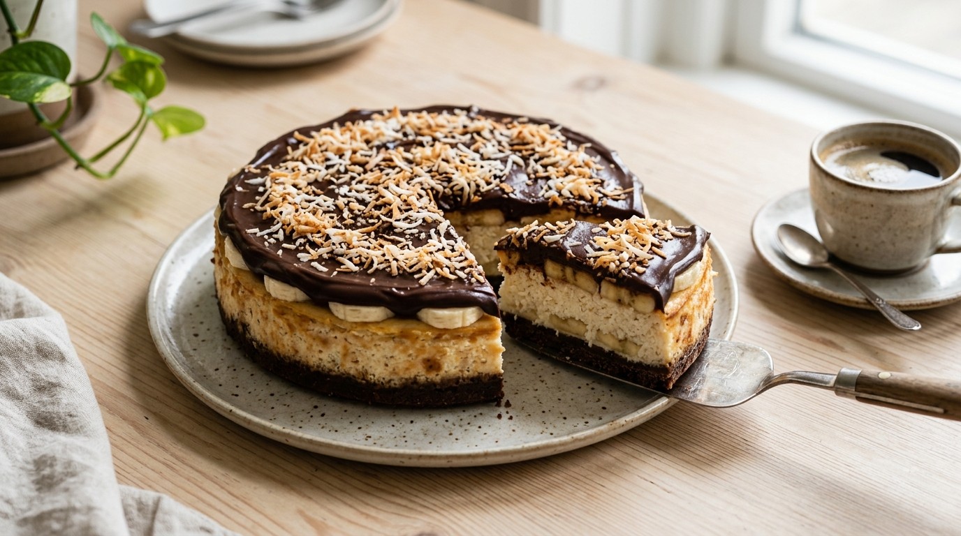 Cheesecake met Kokos, Banaan en Chocolade