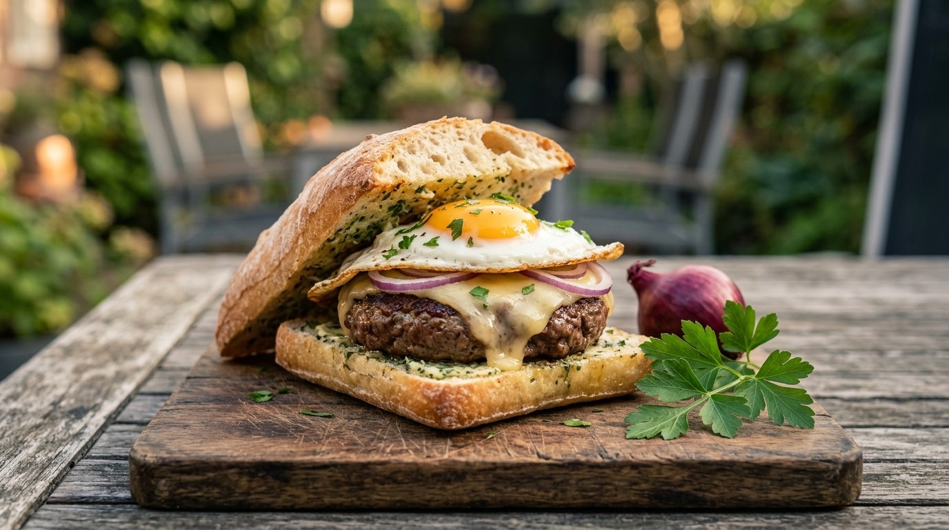 Chiabatta Hamburger Kaas, ei en ui recept Chiabatta Hamburger Kaas, ei en ui recept