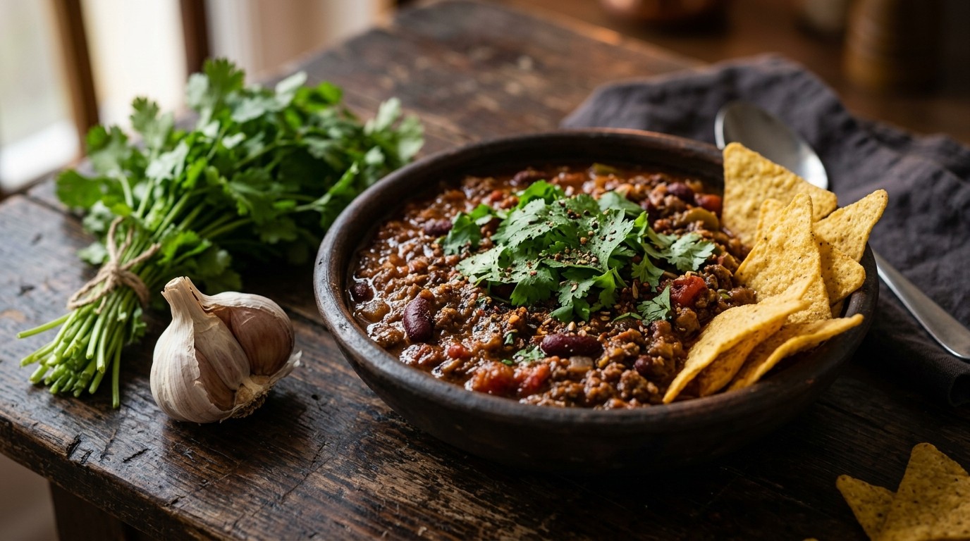 Chili con Carne met Koriander en Maischips