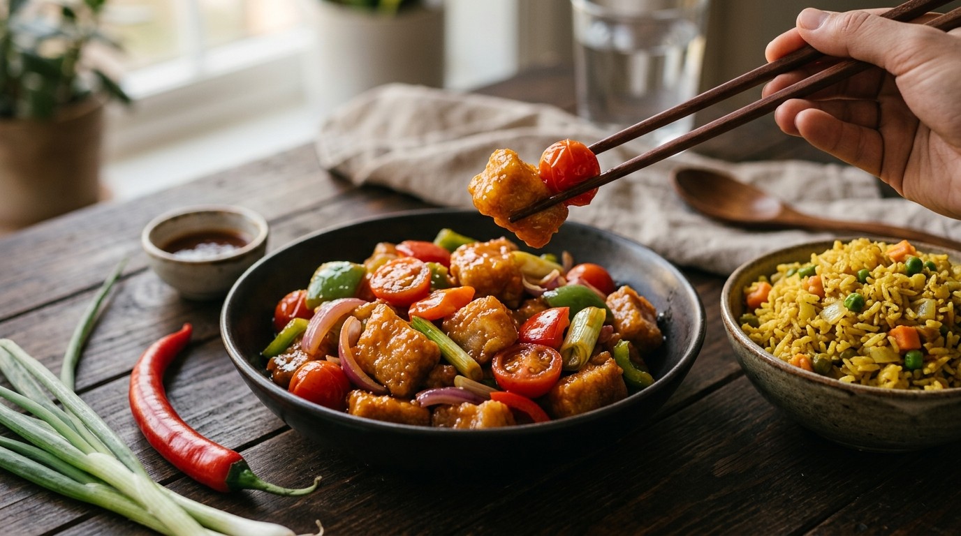 Chinese Zoetzuur van Roerbakvlees en Kerstomaatjes met Groenterijst