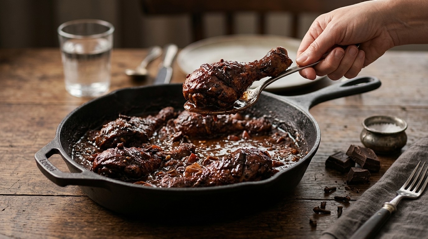Chocolade Drumsticks met Tomatensaus en Kruidnagelpoeder