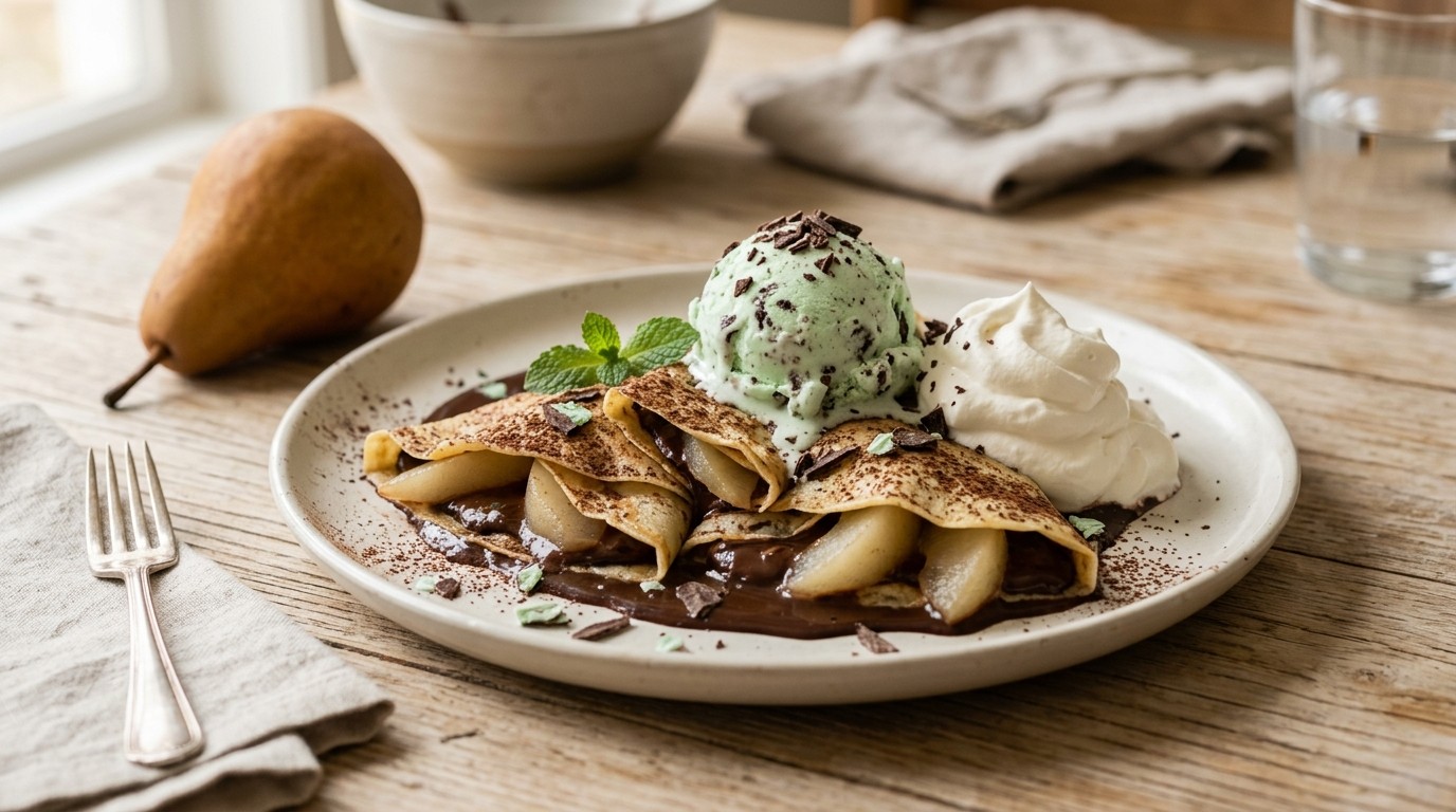 Chocolade-peren Crêpes met ijs en Slagroom