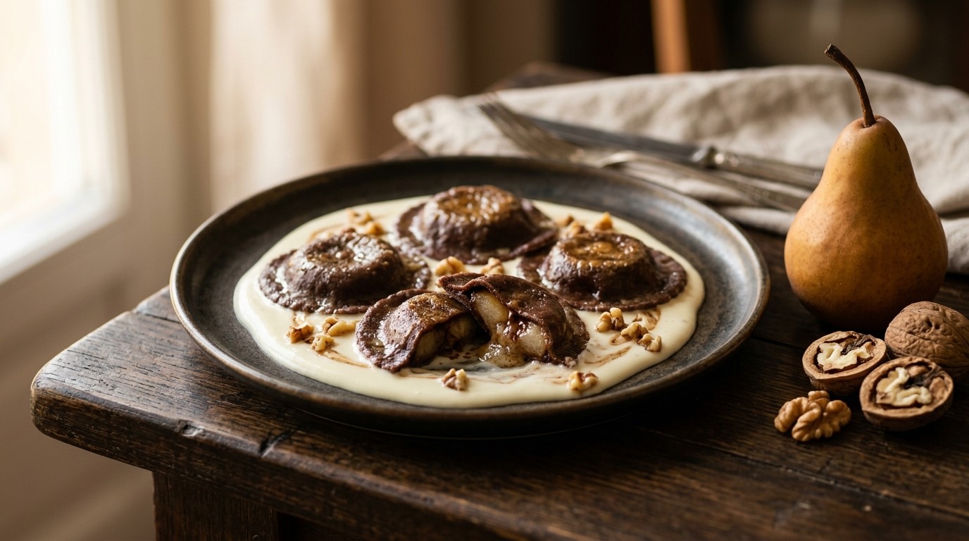 Chocoladeravioli met Perenvulling