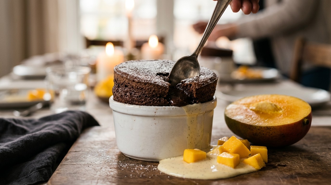 Chocoladesoufflee met Vanillesaus en Mango recept Chocoladesoufflee met Vanillesaus en Mango recept