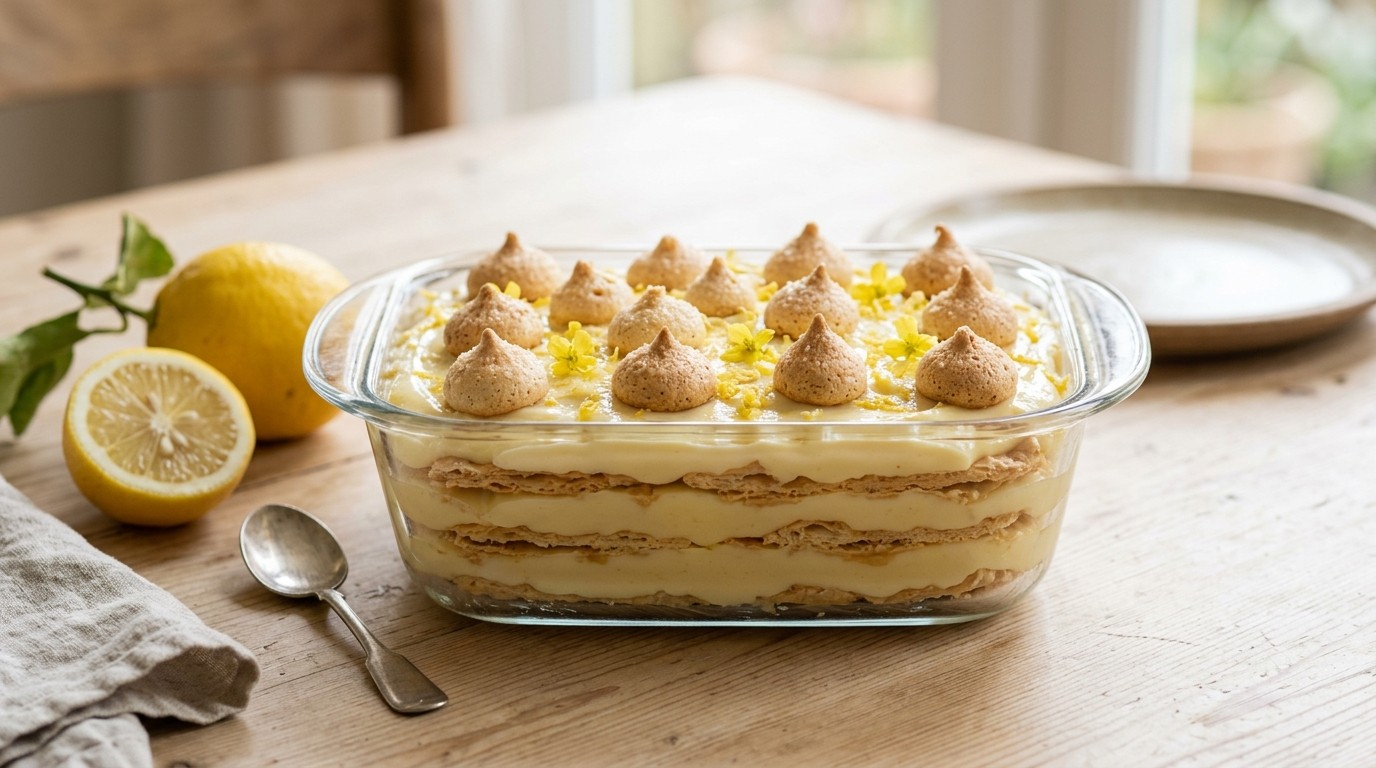 Citroenpuddinglasagne met Schuimpjes recept Citroenpuddinglasagne met Schuimpjes recept