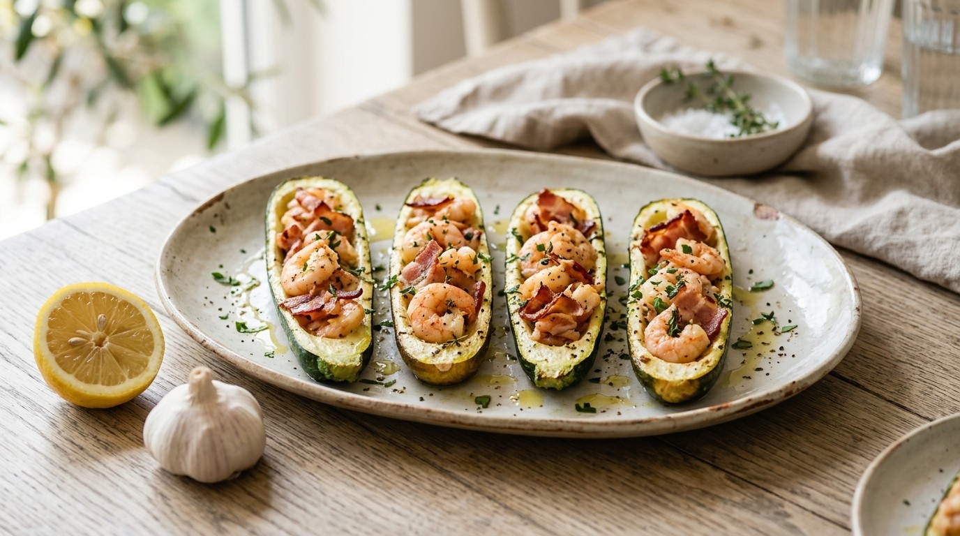 Courgetteschuitje met Scampi en Breydelspek