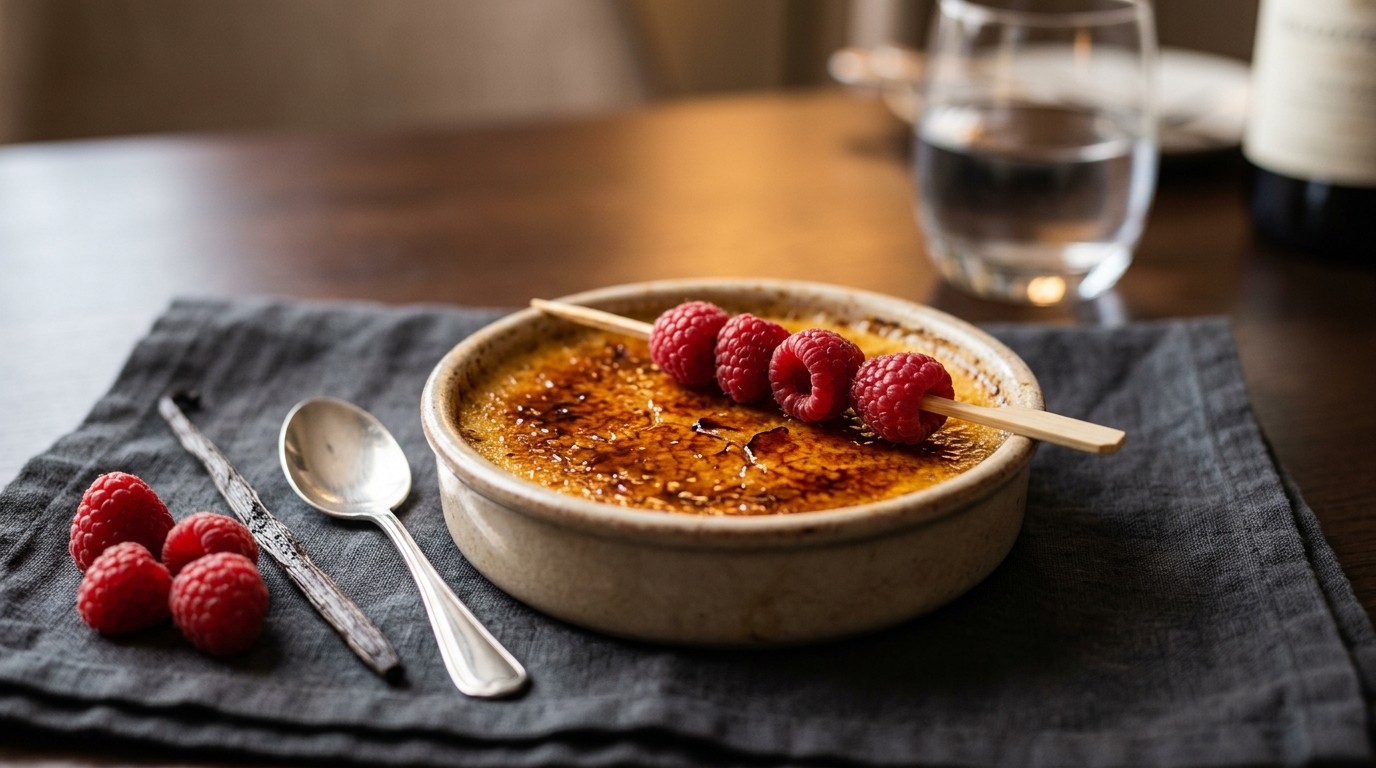 Crème Brulée met Frambozenspiesjes