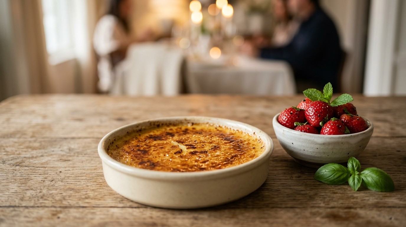 Crème Brûlée met in Peper en Basilicum Gemarineerde Aardbeien recept Crème Brûlée met in Peper en Basilicum Gemarineerde Aardbeien recept