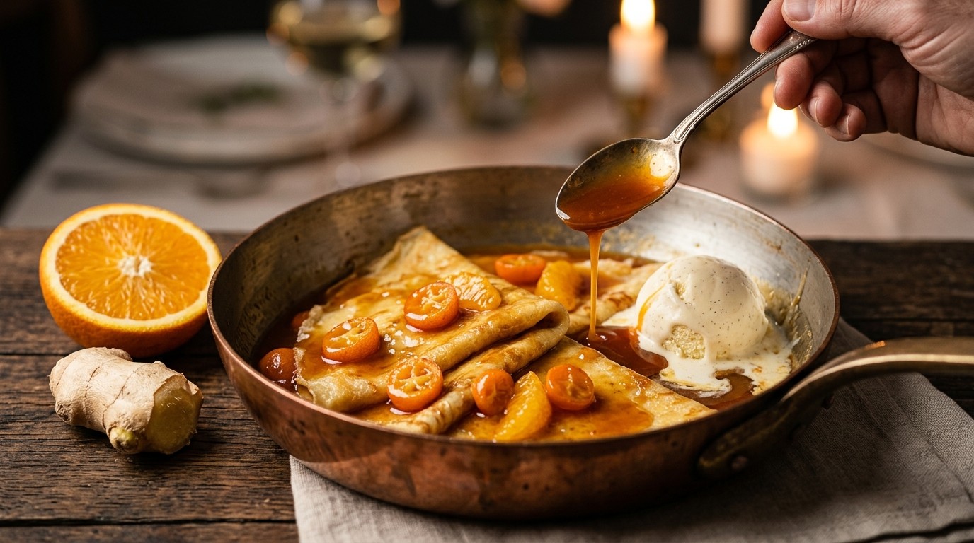 Crêpes Suzette met Kumquats en Vanille-ijs