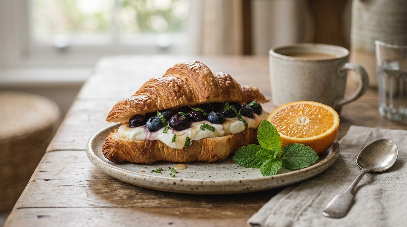Croissant met Blauwe Bessen en Griekse Yoghurt Voor Brunch
