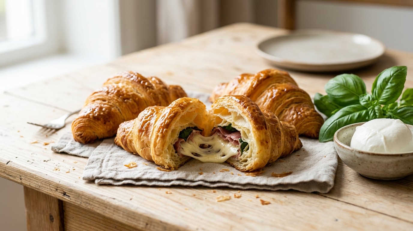 Croissants met Mozzarella, ham en Basilicum