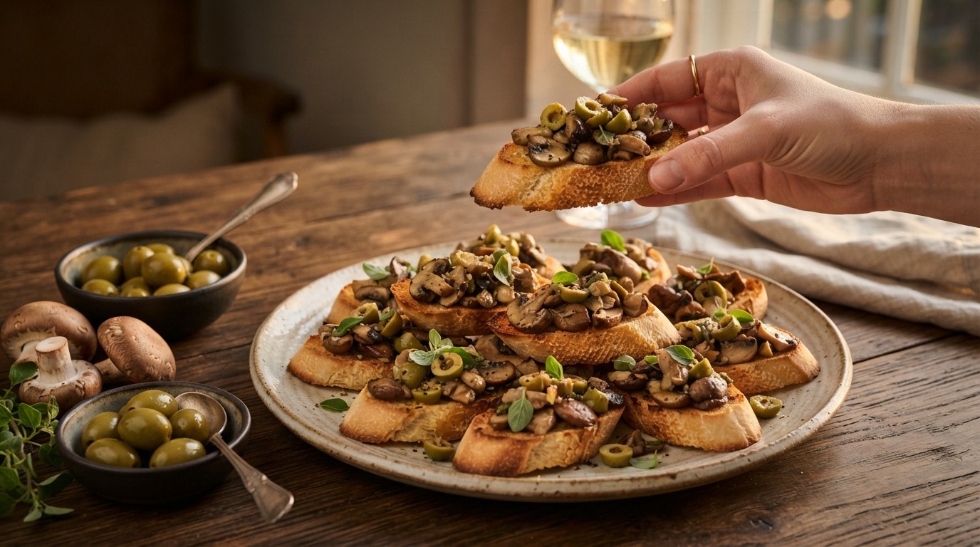 Crostini met Champignons en Groene Olijven