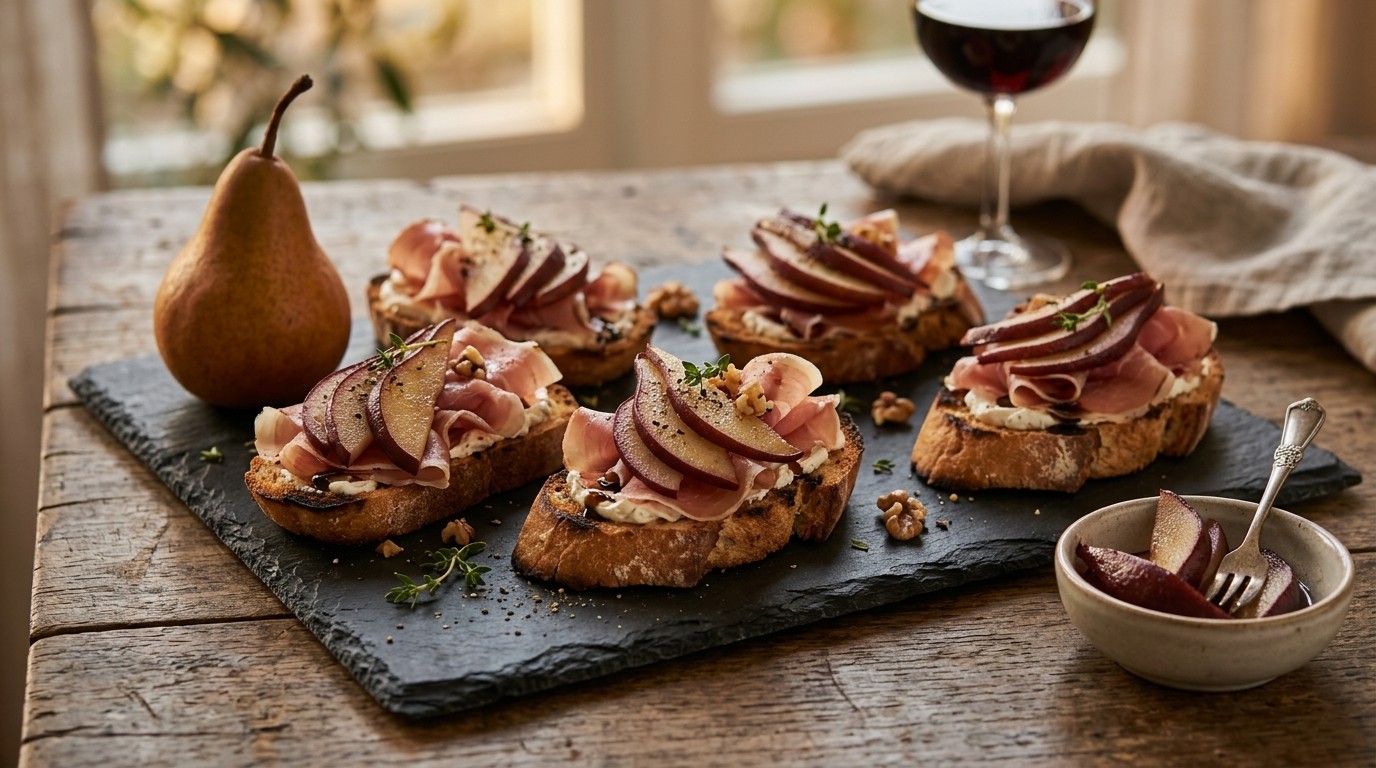 Crostini met Rauwe ham en Gemarineerde Peer