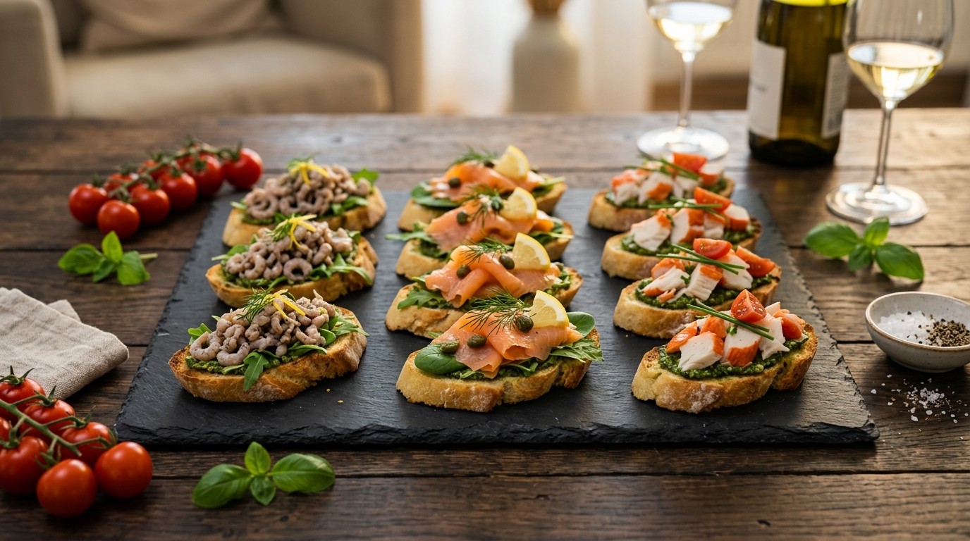 Crostini's met Garnalen,gerookte Zalm en Surimi