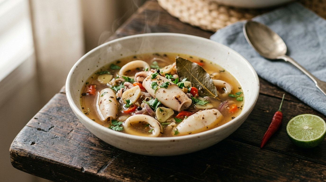Cumi-Cumi Kaldu (Inktvissen Gesudderd in een Kruidige Bouillon)