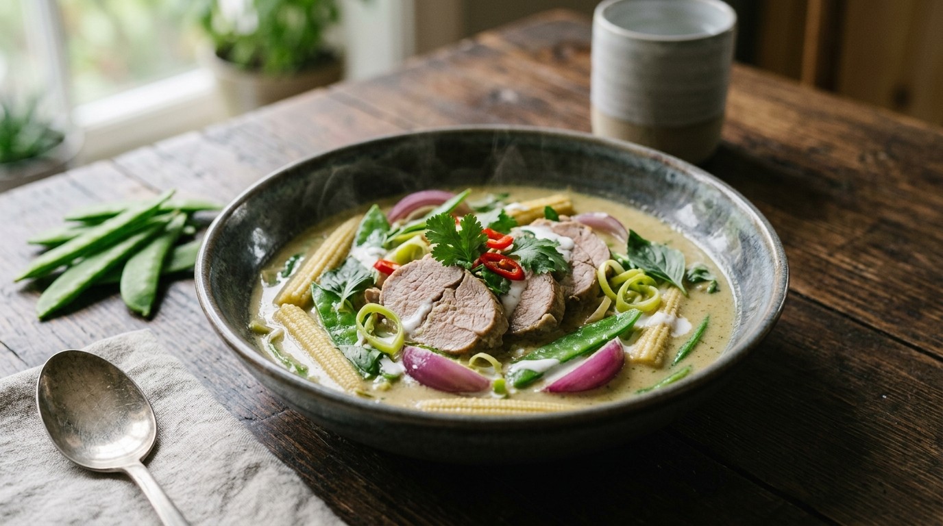 Curry van Varkenshaas met Voorjaarsgroenten