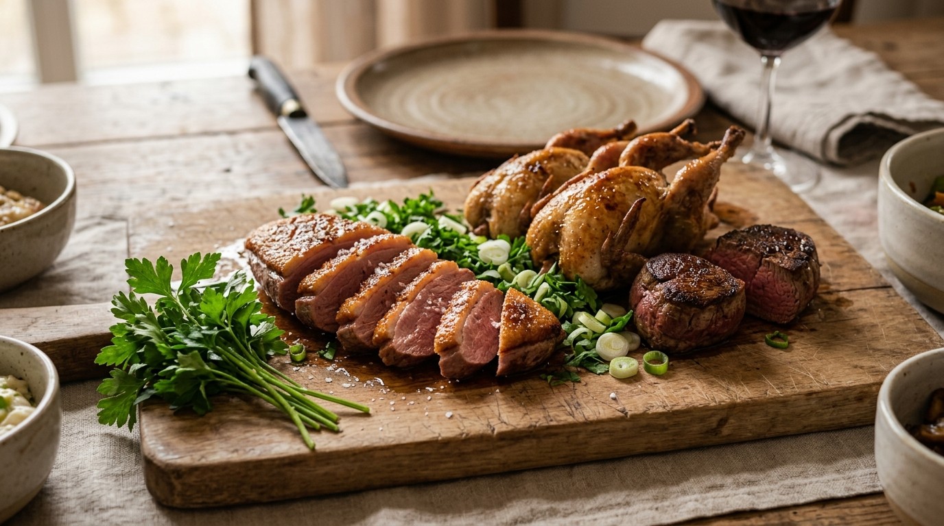 Eendeborst met Kwartels en Rundersteaks