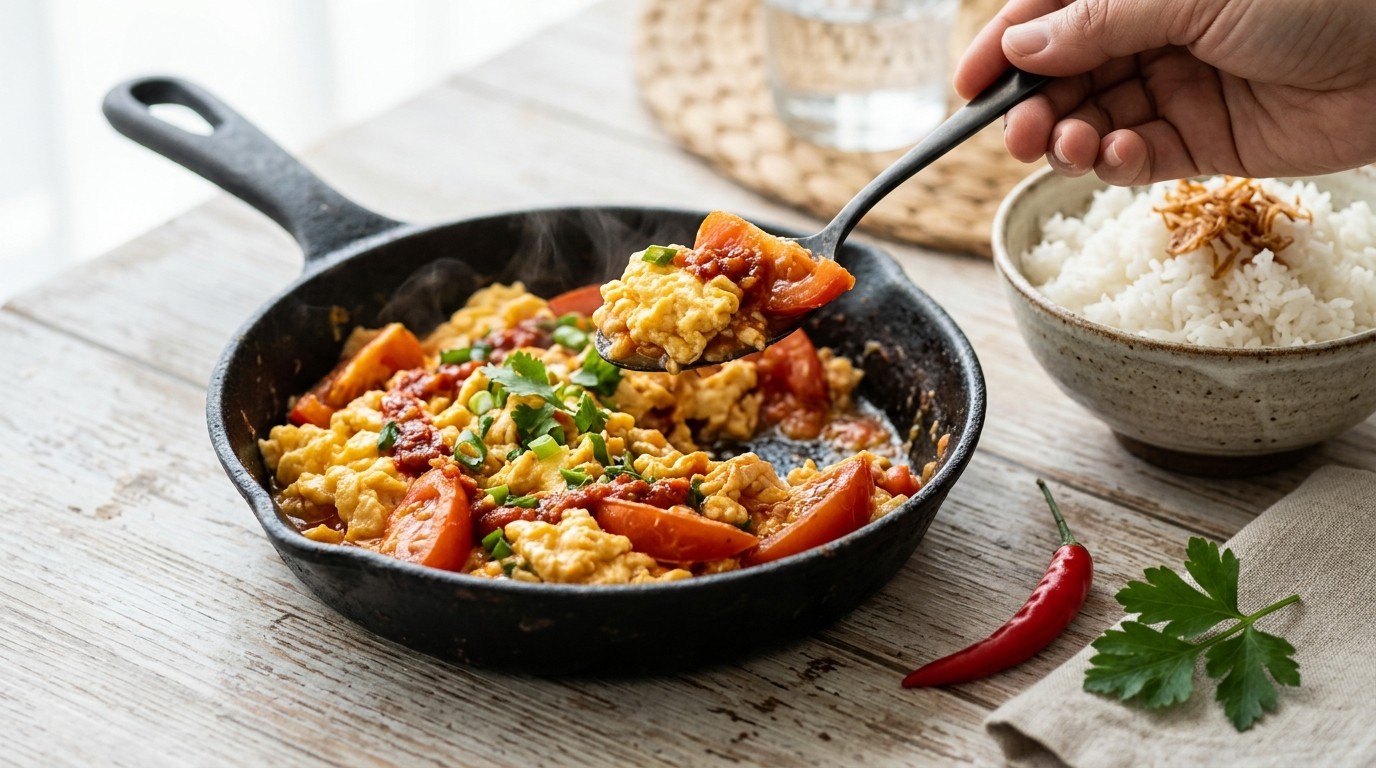 Ei Roergebakken,met Tomaat en Sambal