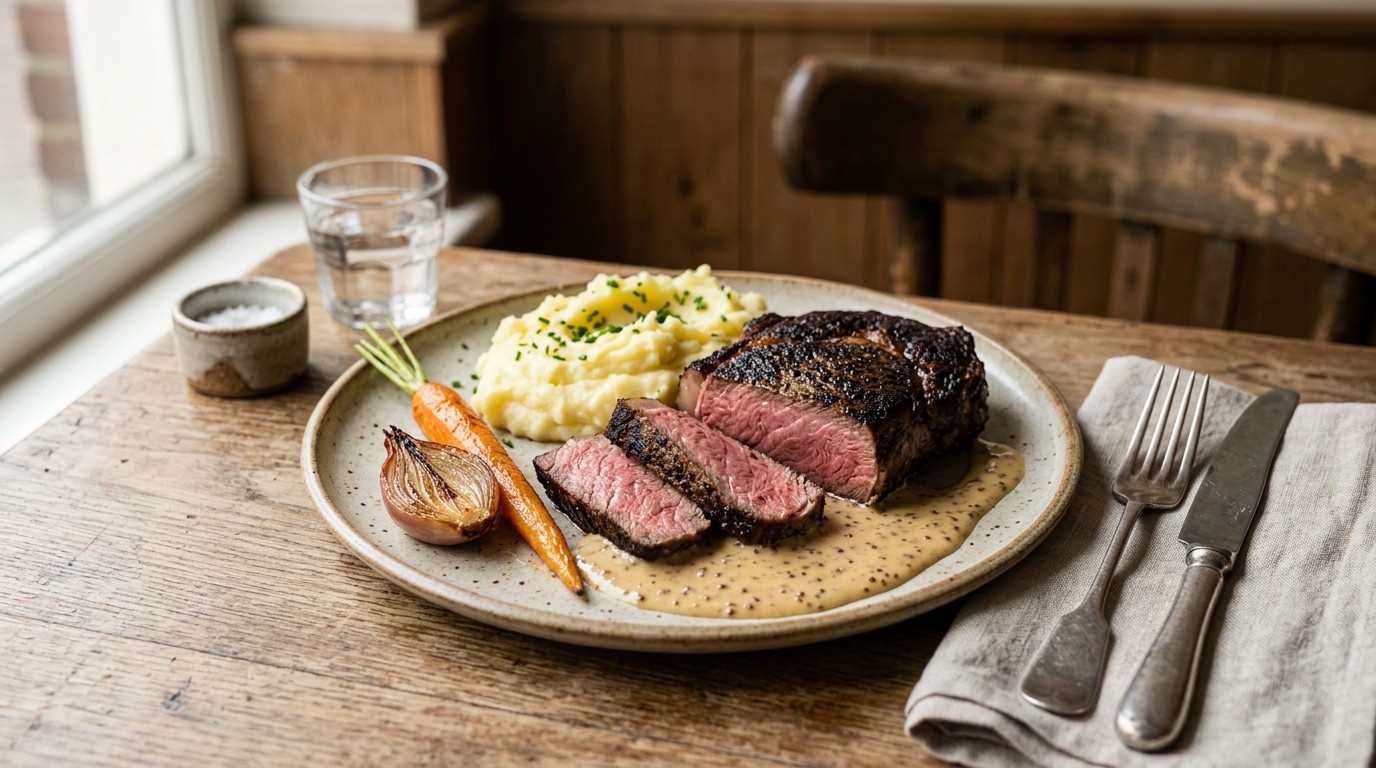 Entrecote met Mosterdroom een Aardappelpuree