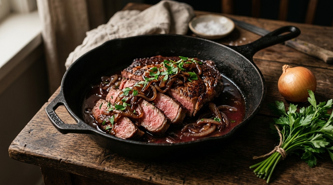 Entrecote met ui en Peterselie in Rode Wijnsaus