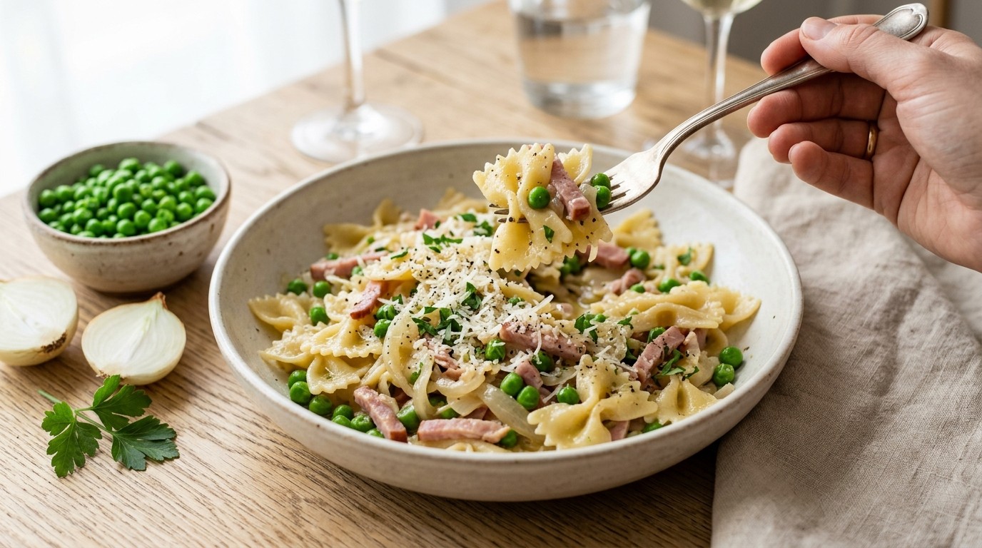 Farfalle met ham en Doperwten
