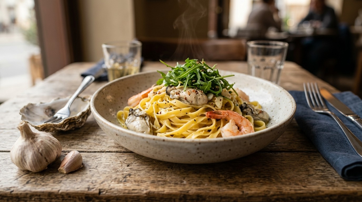Fettuccine met Oesters, Garnalen en Rucola