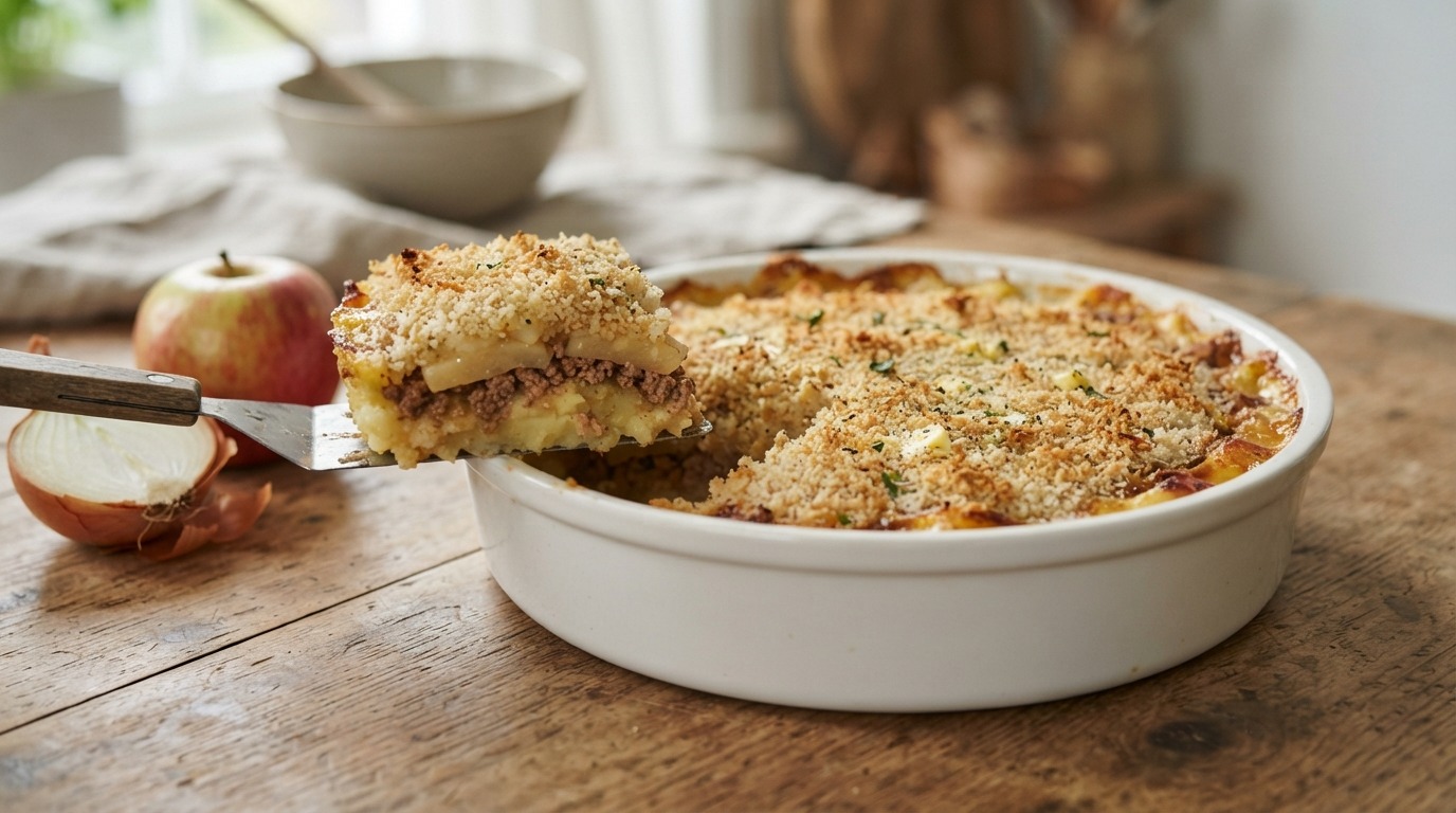 Filosoof (ovenschotel met Aardappel,appel, Gehakt en ui)
