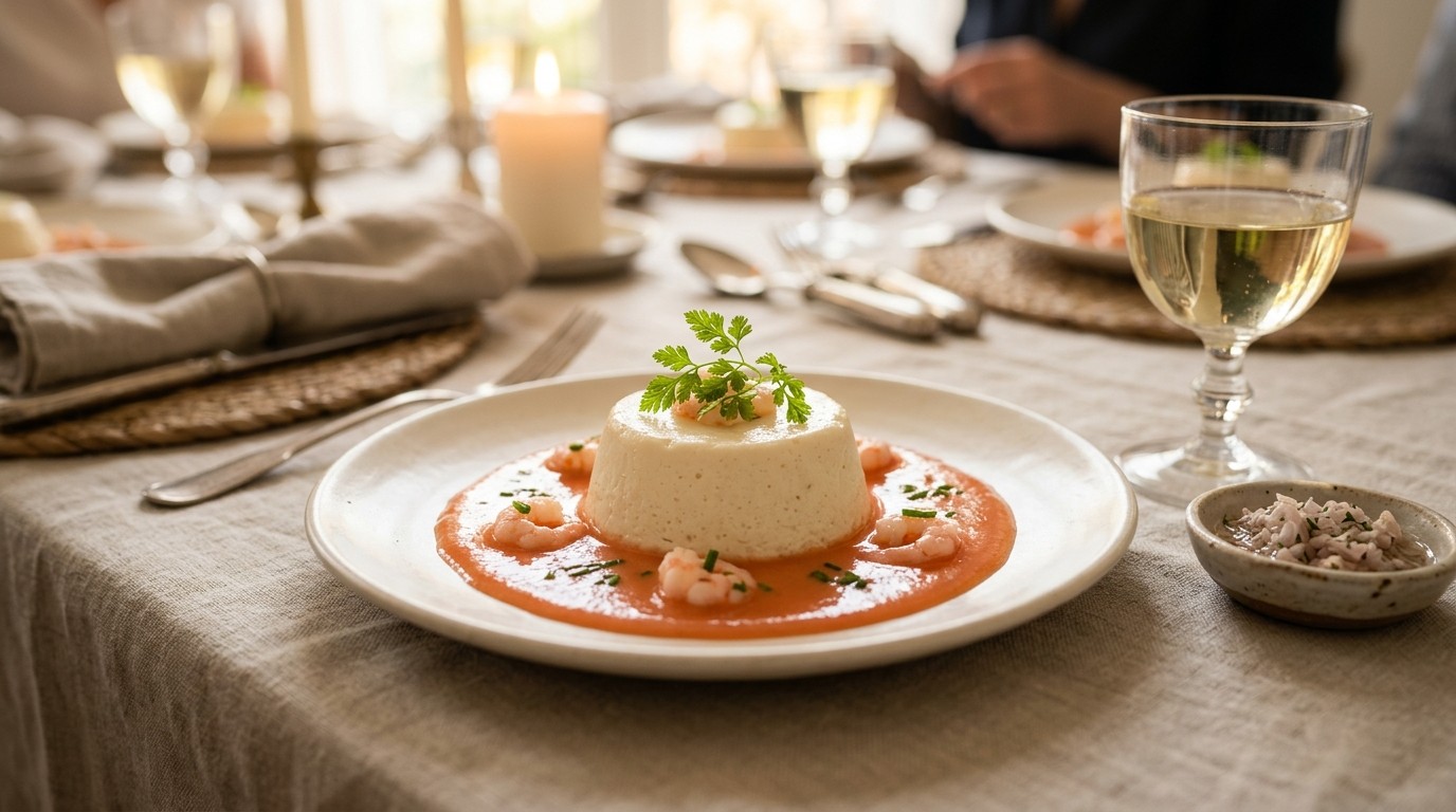 Flan van Sint Jacobsnootjes in een Garnaalcoulis