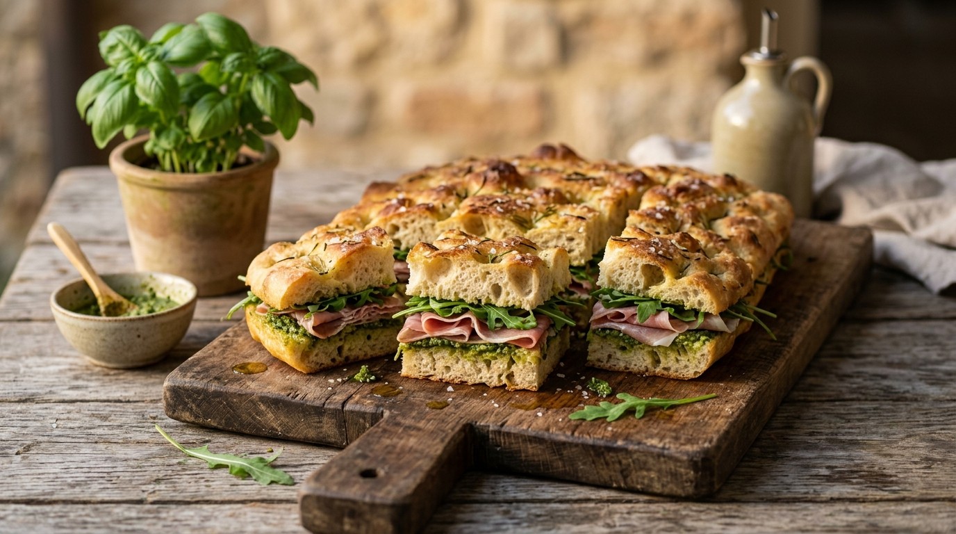 Focaccia met Italiaanse ham en Verse Pesto