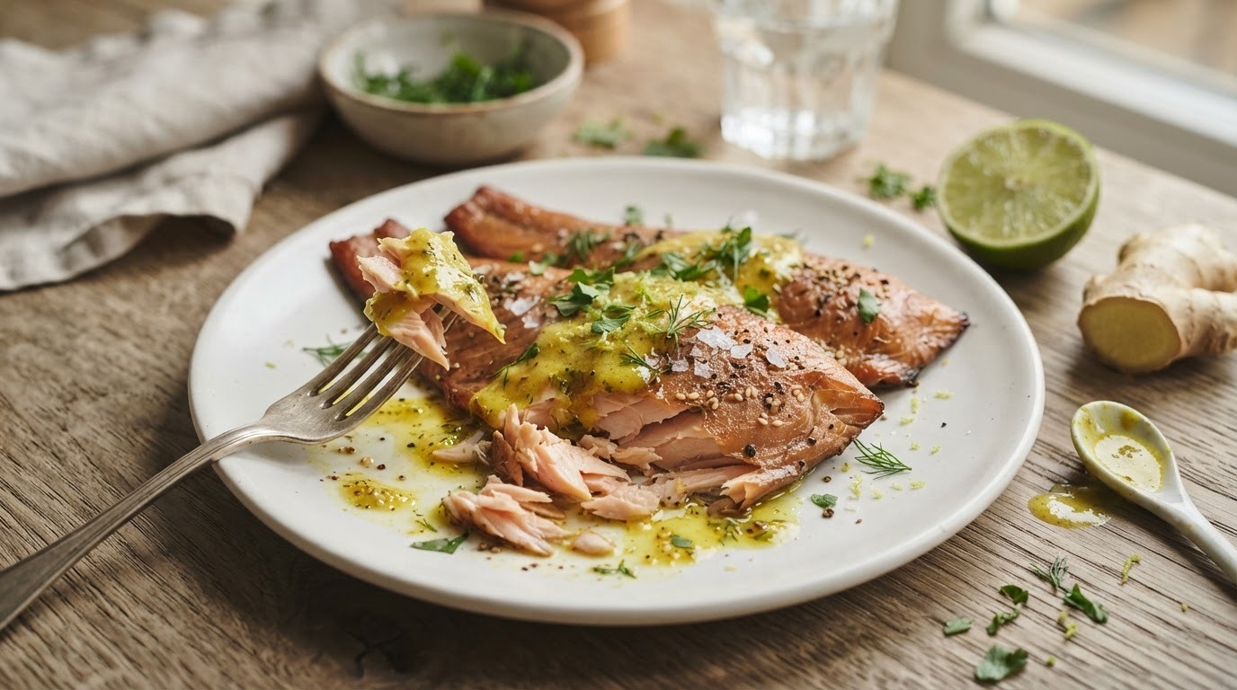 Forel Gerookt met Gember-kerrie-limoendressing recept Forel Gerookt met Gember-kerrie-limoendressing recept