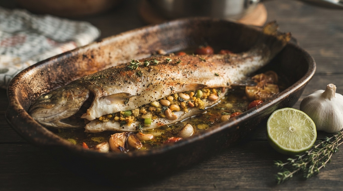 Forel met een Vulling van Pijnboompitten in de Oven