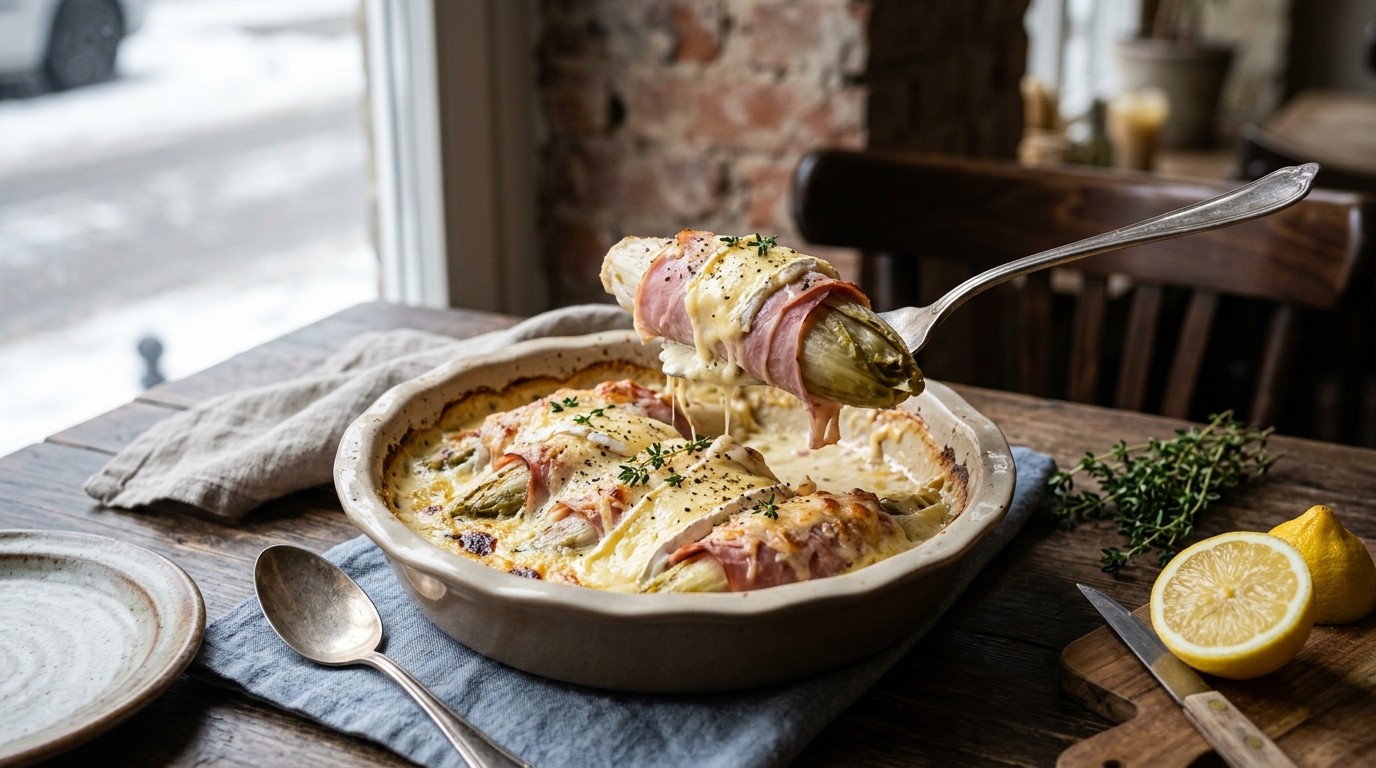 Franse Witlofschotel met ham en Brie