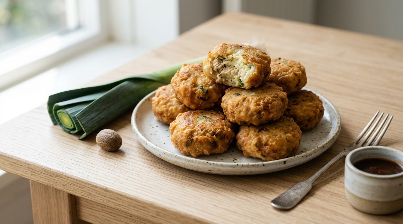 Frikadel Ajam (gefrituurde Kippengehakt met Aardappel Koekjes)