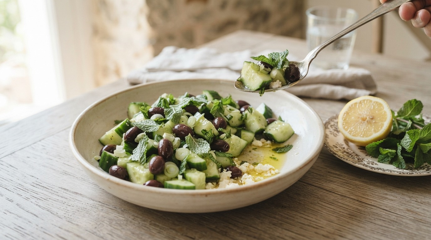 Frisse Komkommersalade met Zwarte Olijven en Munt