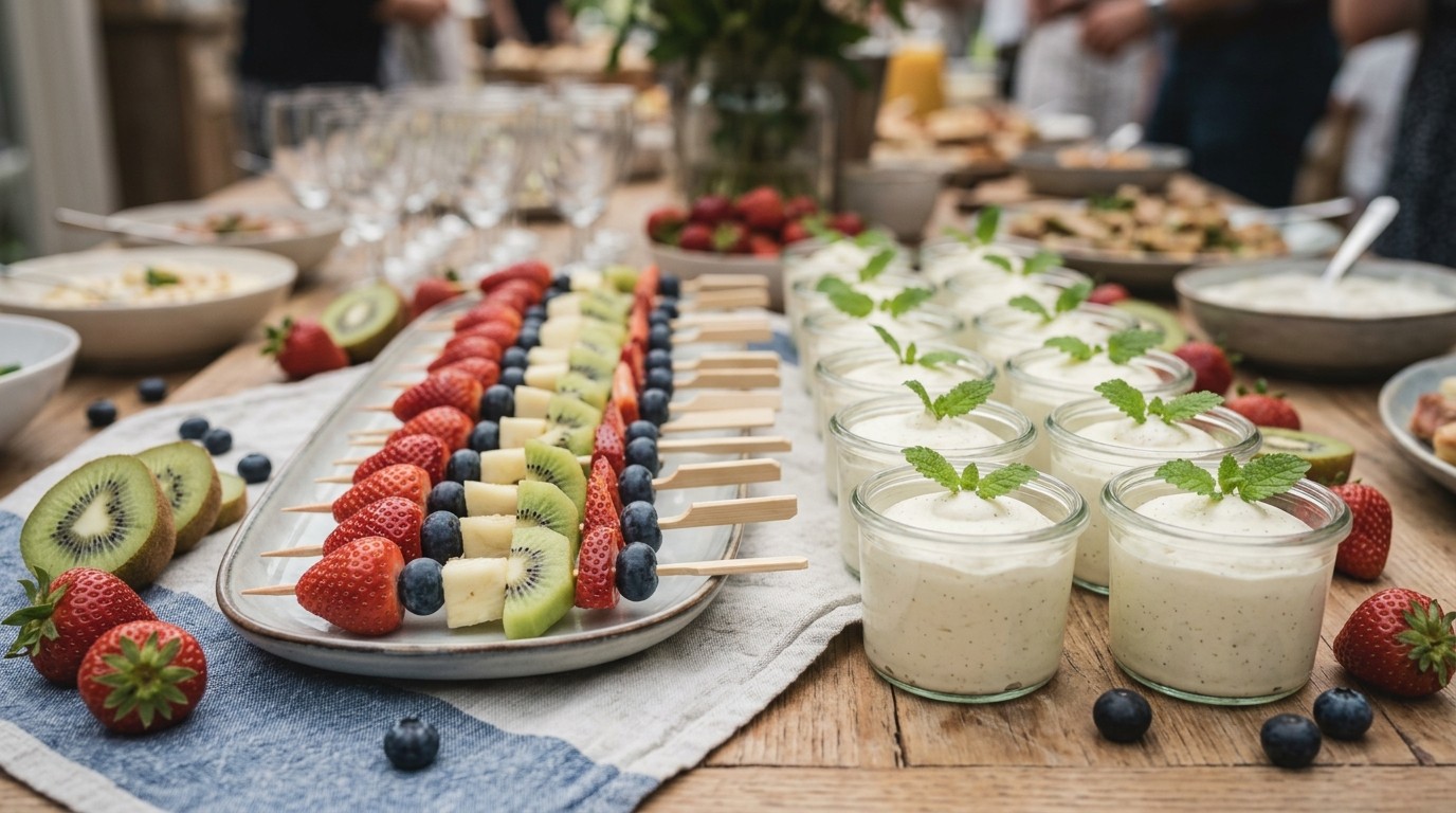 Fruitspiesjes met Chocolademousse Voor Buffet